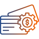 a blue and orange line drawing of a credit card with a gear and a dollar sign